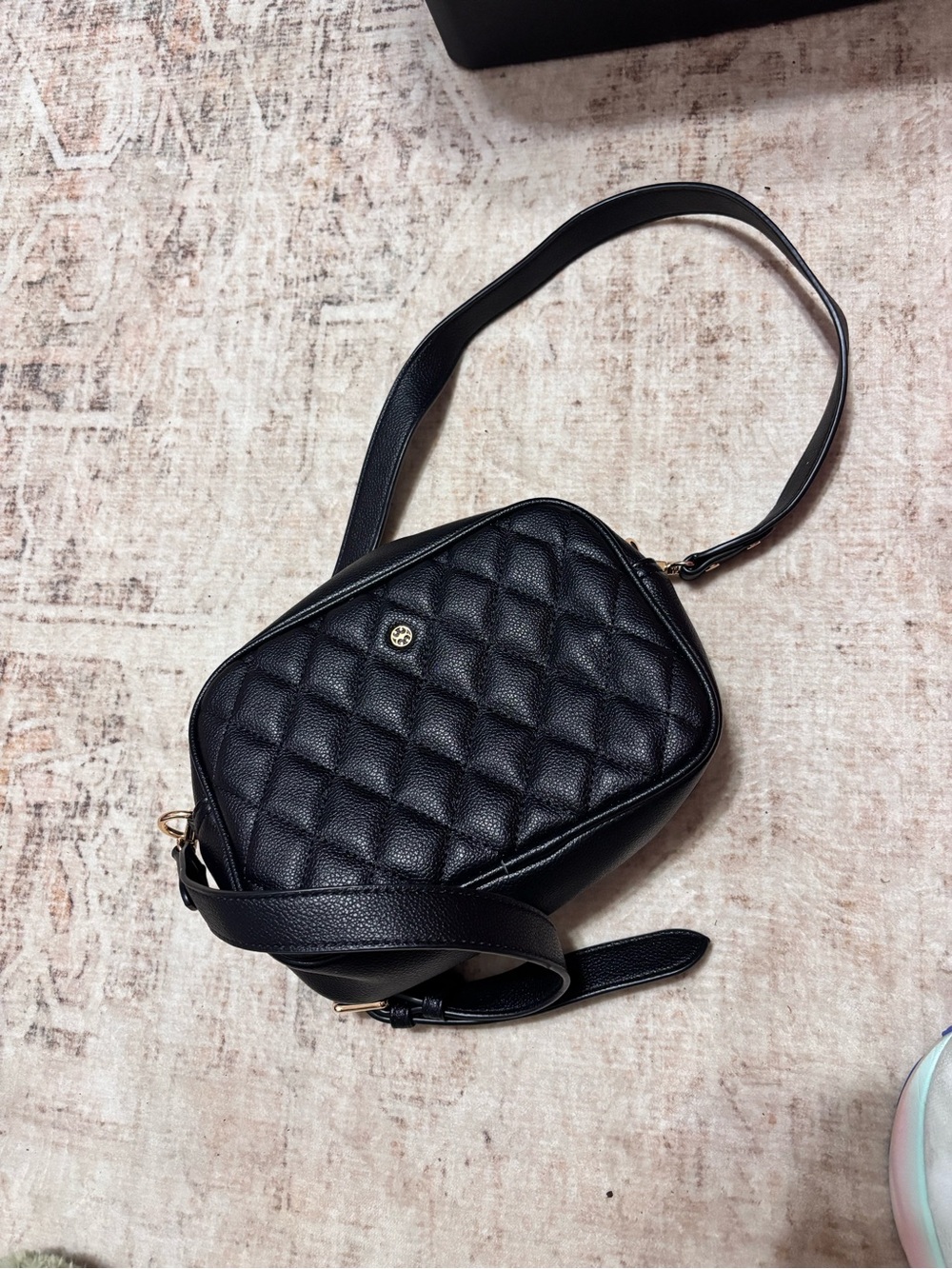 Mary Square Black Quilted Leather Camera Crossbody with Gold Logo